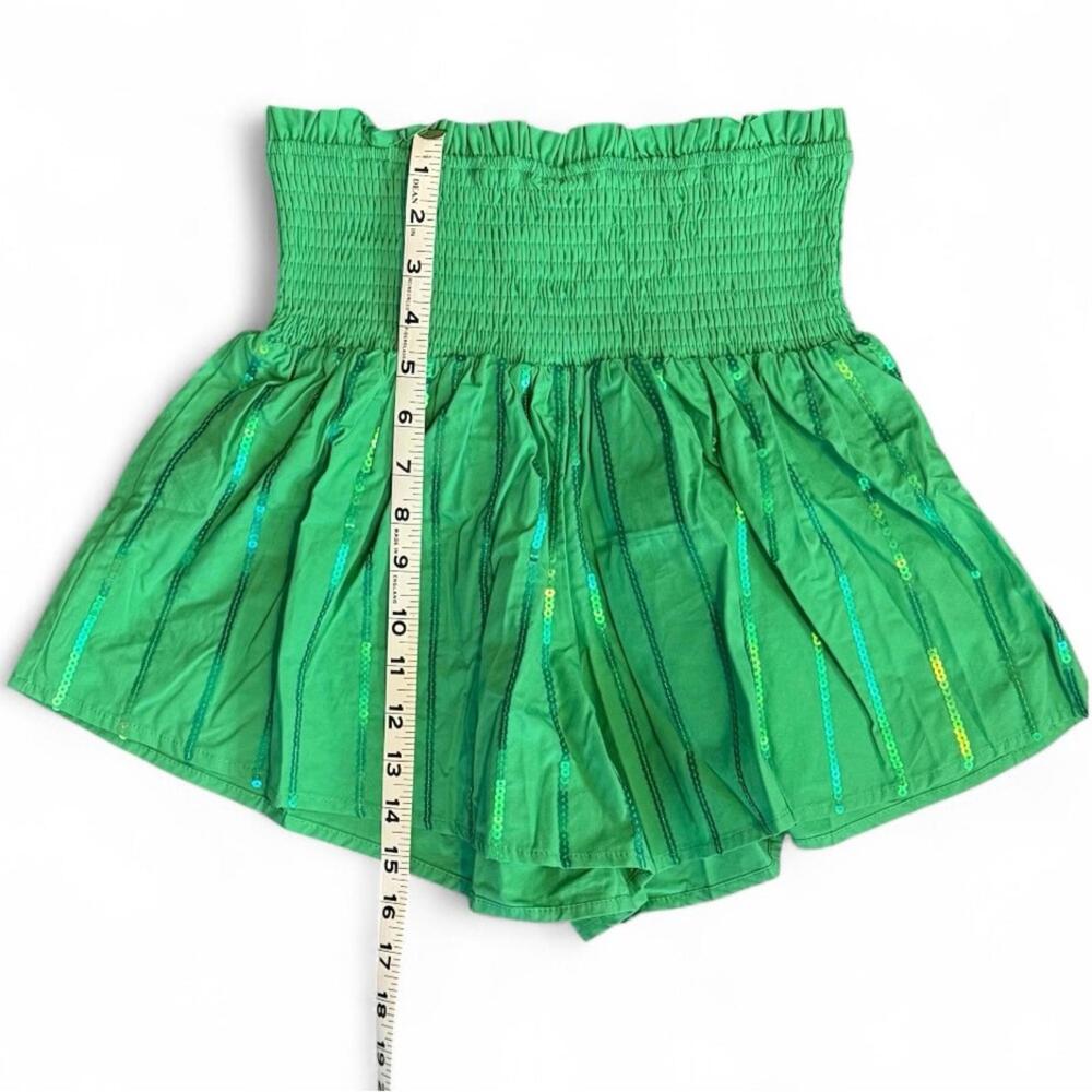 Billow Sleeve Crop Top Shorts Set M Y2K Green Smocked Sequin Puff Main Strip - Picture 6 of 9